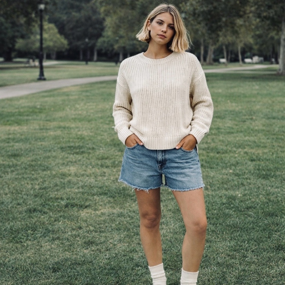 American Eagle Outfitters Cream Ribbed Crewneck Sweater